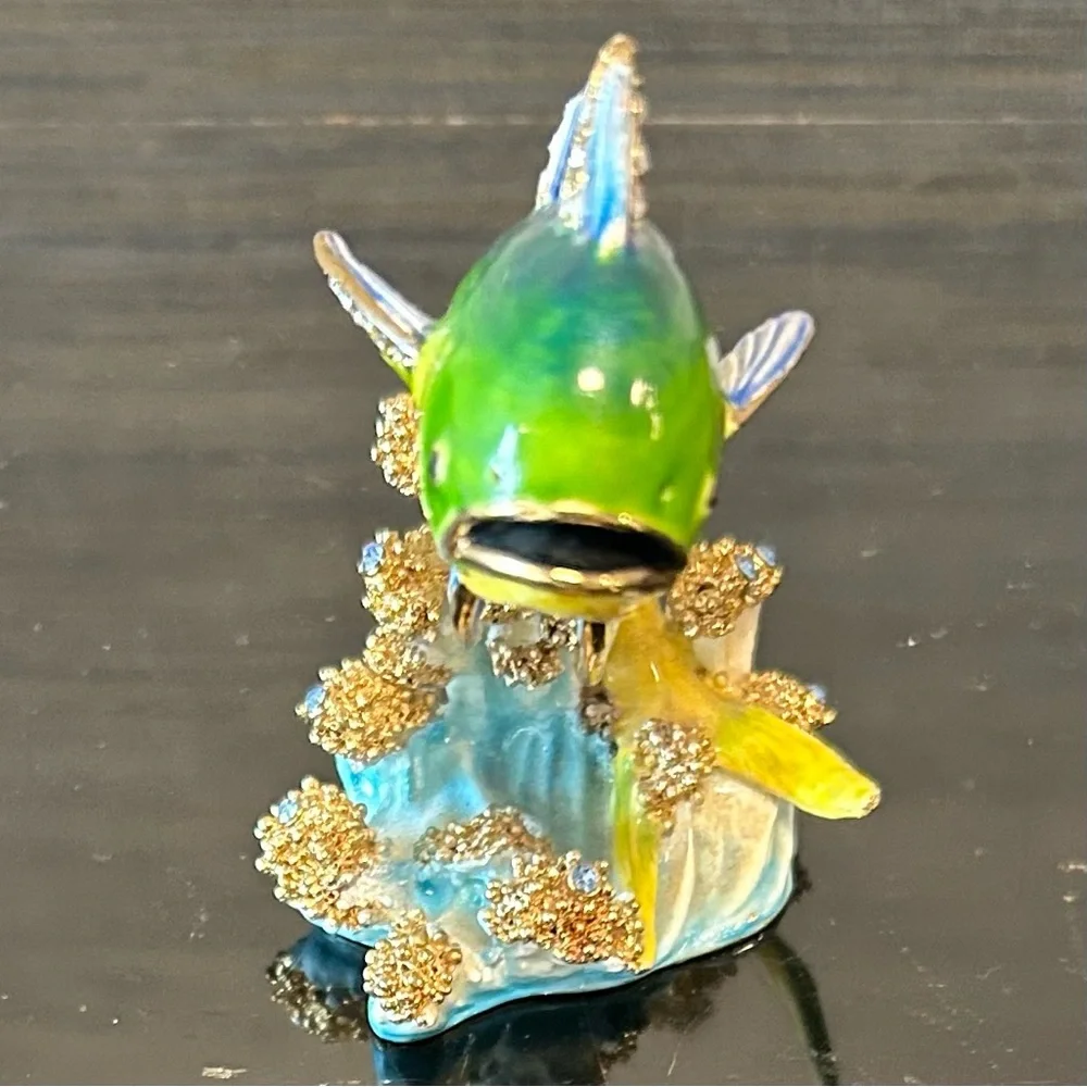 Jeweled Enamel Mahi Mahi Fish Hinged Trinket Box Figurine Blue & Green